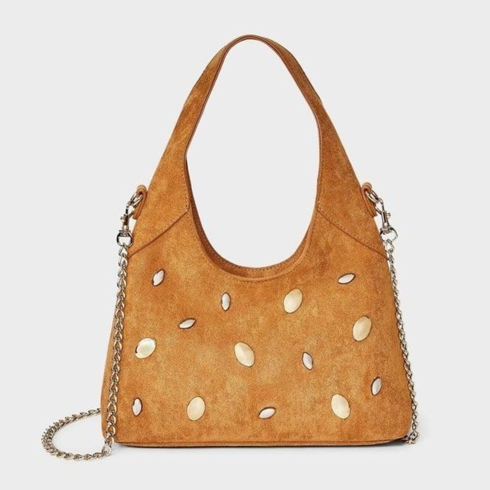 Tan Faux Suede Studded Hobo Bag Gold Chain Crossbody Shoulder Bag NWT